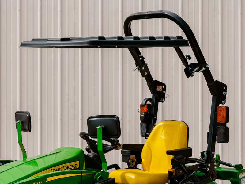 Angled View of Rhinohide Canopy on John Deere 1025R with Angled Roll Bar