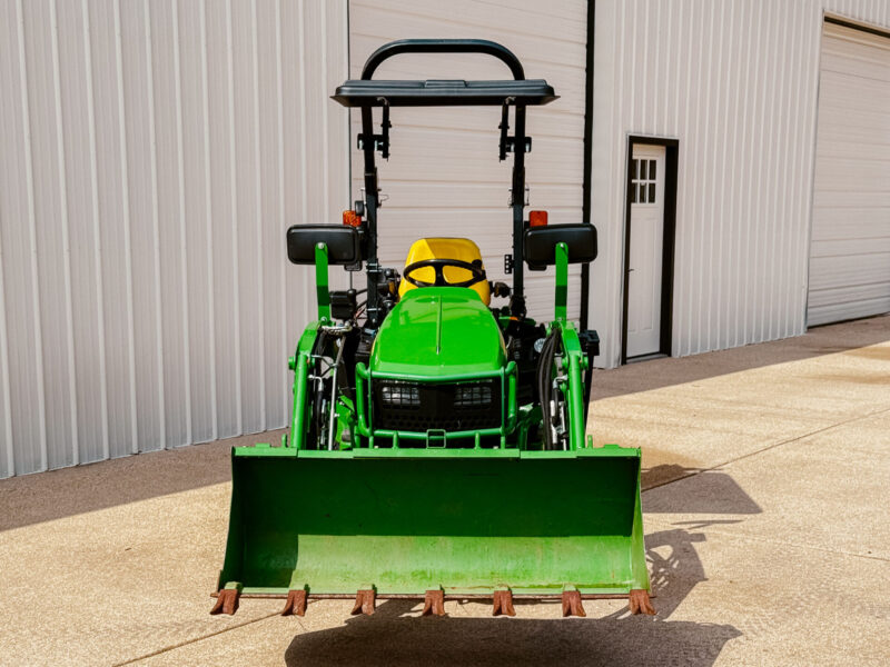 Front View of Rhinohide Canopy on John Deere 1025R with Angled Roll Bar